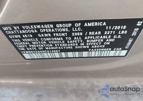 2016 Volkswagen Passat 1.8T Se z USA, uszkodzony, nr VIN 1VWBS7A34GC014557